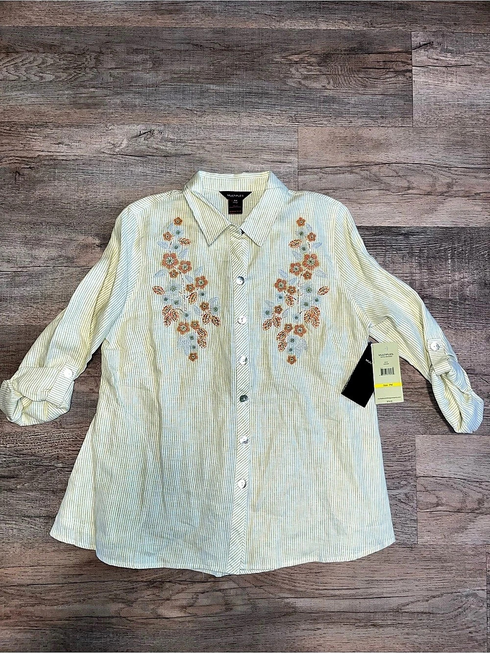 Multiples Petite Striped Embroidered Linen Shirt Green & White size Medium